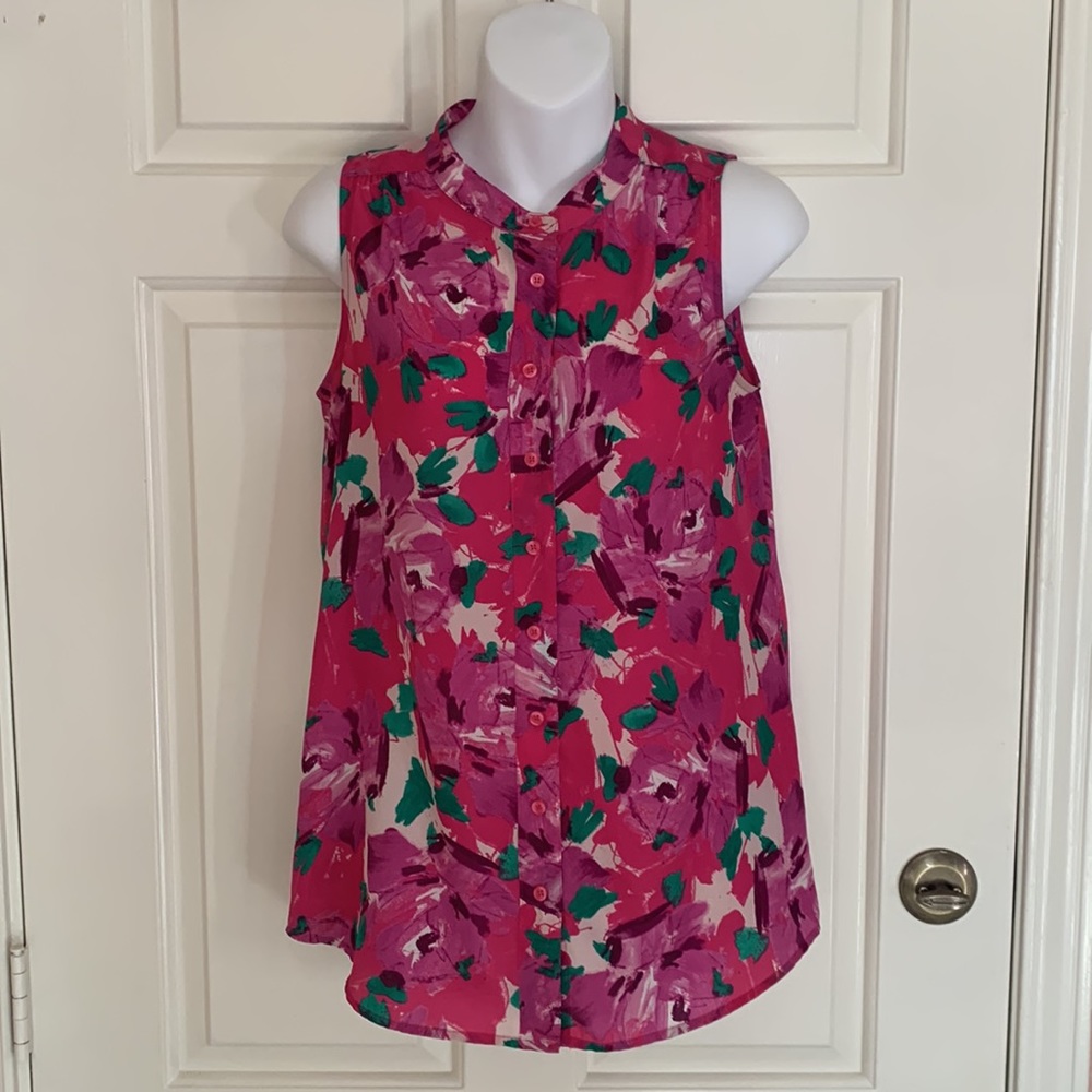 J Crew Pink and Purple Floral Sleeveless Button Up Blouse